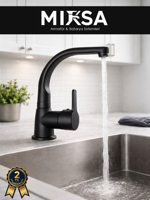Mixsa Full Siyah Armut Balıksırtı Borulu Mutfak Eviye Bataryası Çeşmesi Musluğu Çift Su Girişli