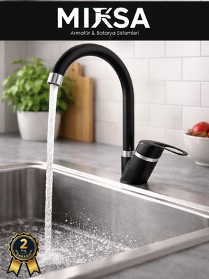 Mixsa Siyah-Krom Baston Borulu Mutfak Eviye Bataryası, Musluğu, Çeşmesi Çift Su Girişli