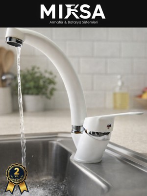 Mixsa Beyaz-Krom Mix Kuğu Mutfak Eviye Bataryası, Musluğu, Çeşmesi Çift Su Girişli