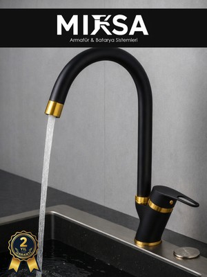 Mixsa Lüx Siyah-Gold Baston Borulu Mutfak Eviye Bataryası, Musluğu, Çeşmesi Çift Su Girişli