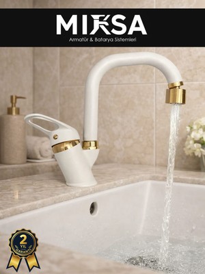 Mixsa Lüx Beyaz-Gold Köşe Borulu Oynar Başlıklı Perlatörlü Mutfak Eviye Bataryası, Çiftsugirişli