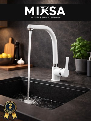 Mixsa Beyaz-Krom Armut Balıksırtı Borulu Mutfak Eviye Bataryası Çeşmesi Musluğu Çift Su Girişli