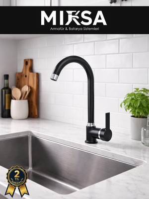 Mixsa Siyah-Krom Armut Baston Borulu Mutfak Eviye Bataryası Çeşmesi Musluğu Çift Su Girişli