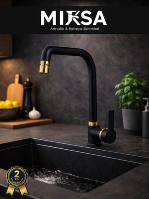 Mixsa Lüx Siyah-Gold Armut Köşe Oynar Başlıklı Perlatörlü Mutfak Eviye Bataryası, Çiftsugirişli