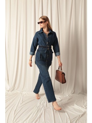 End Black Store Denim Kumaş Cep Detaylı Lacivert Kadın Kot Ceket