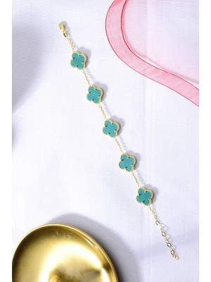 925 Ayar Gümüş Altın Kaplama Beşli Yeşil Yonca Bileklik