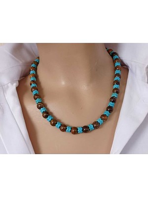 Sinem Şanlı Kaplan Gözü & Mavi Havlit Unisex Kolye – Doğal Taş, Altın Kaplama, 50 cm Uzunluk, Kutulu Tasarım