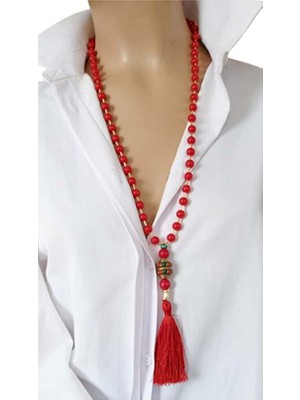 Sinem Şanlı Otantik Enerji Kolyesi – Kırmızı Cam Boncuk, Turkuaz Mercan & Nepal Boncuk, Ipek Püsküllü