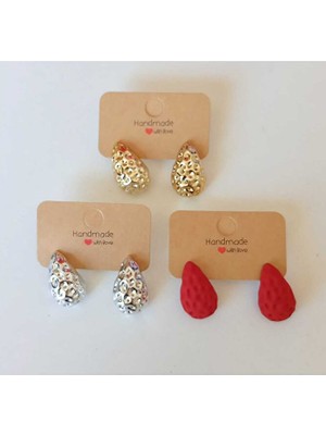 Sinem Şanlı Damla Tasarım Küpe 3’lü Set (Gümüş Altın Kırmızı)