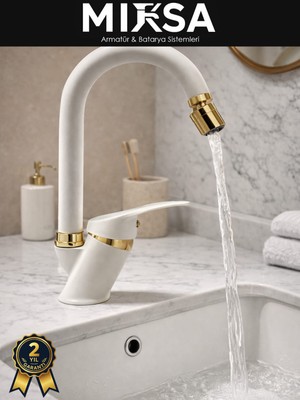 Mixsa Lüx Beyaz-Gold Baston Borulu Oynar Başlıklı Perlatörlü Mutfak Eviye Bataryası, Çiftsugirişli