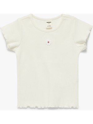 Koton Kısa Kollu Bisiklet Yaka Çiçek Nakış Detaylı Pamuklu Tişört