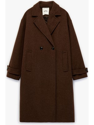 Koton Uzun Kollu Düğmeli Cepli Kruvaze Uzun Oversize Kaşe Kaban