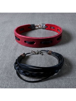 Uretti - Ali 7128 9605 El Yapımı 2'li Unisex Kırmızı ve Siyah Deri Bileklik