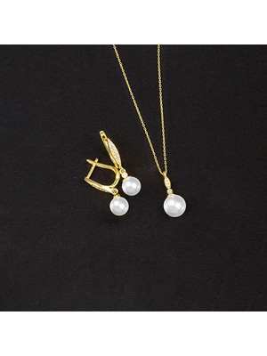 Else Silver 925 Ayar Gümüş Elegance Küre Inci Set - Altın Kaplama