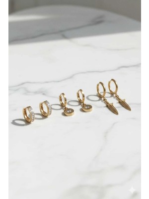 Stainless Steel 3'lü Bıçak Figürlü Kalp Detaylı Zirkon Taşlı Çelik Halka Küpe