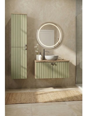 Adn Dizayn Banyo Dolabı Seti-Ahşap Yeşil Mat Lake Boyalı Mdf-Doğal Ahşap-Asma Dolap-Boy Dolabı-Aynalı Üst Dolap-Lavabosuz