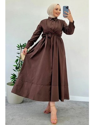 Tesettür Diyarı Belden Bağlamalı Tesettür Elbise-Kahverengi