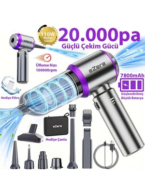 Ezere 20000PA Güçlü Portatif Kablosuz Araç Süpürgesi 110W Ergonomik Tasarım ile Taşınabilir Temizlik