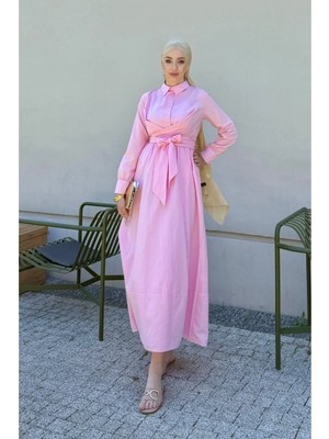 Tesettür Diyarı Belden Bağlamalı Tesettür Elbise-Pembe