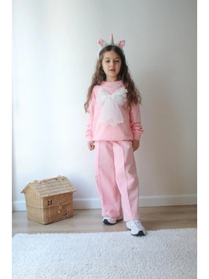 bebexy Beyaz Fiyonk Detaylı Eşofman Takımı Toz Pembe