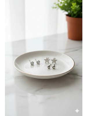 Stainless Steel Çelik Gümüş Renk Zirkon-Yıldız-Top Küpe