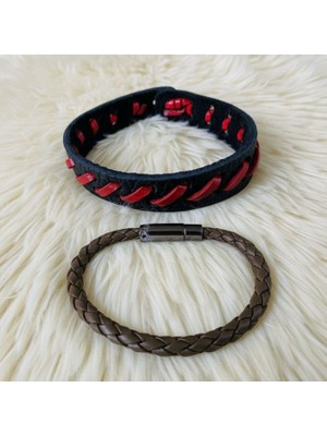 Uretti - Ali 7128 2745 El Yapımı 2'li Unisex Deri Bileklik Seti