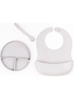 Store Mania Gri 3’lü Silikon Yemek Seti – Önlük + Diş Kaşıyıcılı Kaşık + Vakumlu Tabak     Strmıa