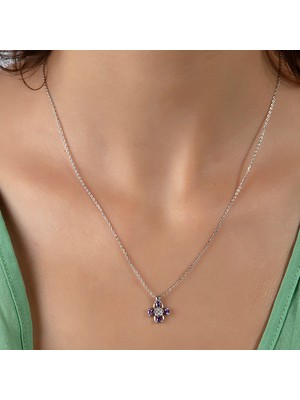 Else Silver 925 Ayar Gümüş Mor Taşlı Dört Yapraklı Yonca Kolye