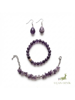 Uçan Geyik Ametist Doğal Taş Takı Seti - Bileklik, Küpe ve Halhal | Ruhsal Denge ve Konsantrasyon Taşı - Kadın Takı