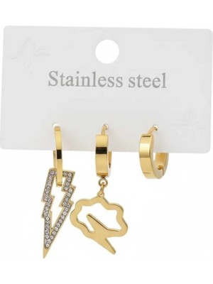 Stainless Stell 3'lü Küpe Seti -Yıldırım ve Bulut Figürlü Tasarım Bronte