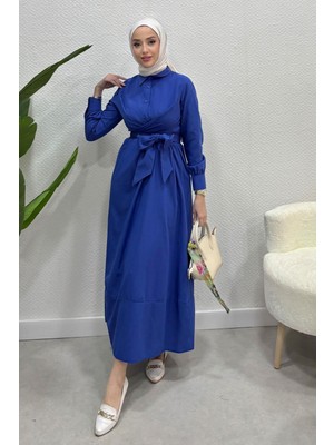 Tesettür Diyarı Belden Bağlamalı Tesettür Elbise-Saks Mavi