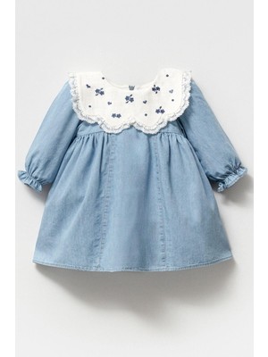 Cantoy Nakış Işlemeli Dantel Yaka Detaylı Bebek Jean Elbise