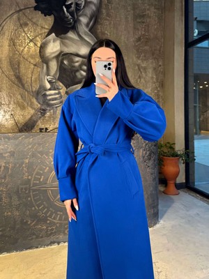 Barnaby Kruvaze Yaka Balon Kol Kuşaklı Kaşe Kaban Saks Mavi