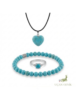 Uçan Geyik Turkuaz Doğal Taş Kolye, Bileklik ve Yüzük Seti | Koruyucu Şans Taşı - Kadın Takı