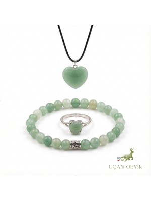 Uçan Geyik Yeşim Doğal Taş Kolye, Bileklik, Yüzük Seti | Huzur ve Bolluk Taşı - Kadın Takı