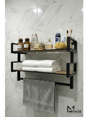 Metaliz Dekoratif 2 Katlı Metal Duvar Rafı - Mutfak Baharatlık ve Kupa Rafı - Banyo Havluluk ve Düzenleyici