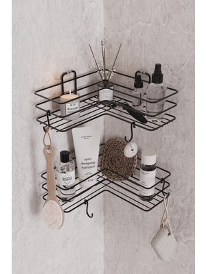 Eva Metal Tasarım Yapışkanlı 2 Adet Banyo Köşeliği Köşe Rafı Duş Şampuanlık Duvar Düzenleyiciorganizer Raf Siyah