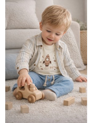 Baby Hola Roket Baskılı Müslin Kumaş  Bebek Erkek Üçlü Takım Set Babyhola 2225