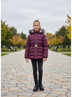 Kız Çocuk Peluş Astarlı Kemerli Şişme Mont