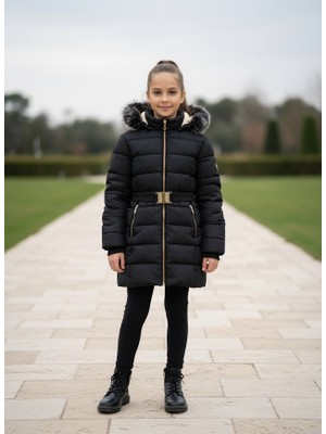 Kız Çocuk Peluş Astarlı Kemerli Şişme Mont