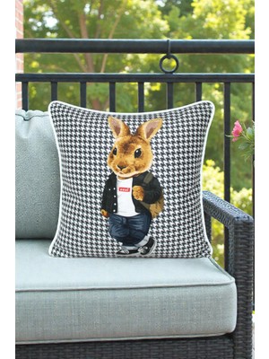 Visionario Kırlent Kılıfı Model Tavşan Desenli 45X45 Raşel Örme Kadife Çift Taraflı Dijital Baskı Beyaz Biyeli