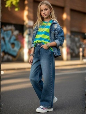 Zekids Kız Çocuk Bol Paça Denim Pantolon