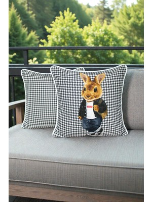 Visionario Kırlent Kılıfı 2'li Tavşan Desenli 45X45 Raşel Örme Kadife Çift Taraflı Dijital Baskı Beyaz Biyeli