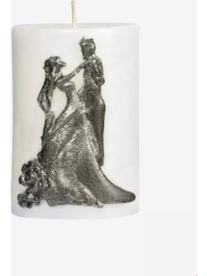 %100 El Yapımı Doğal İçerik Mummanya Candle Gelin Damat Motifli Silindir Mum Gri
