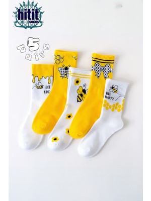 Hitit Socks Kadın 5 Çift Premium Kalite Arı ve Çiçek Desenli Uzun Soket Çorap