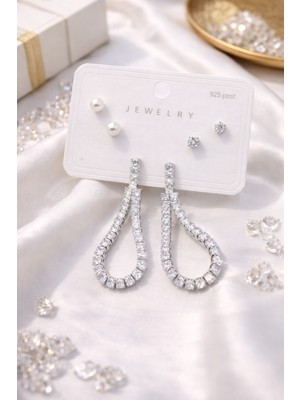 Ares 01 Store Zirkon Taşlı 3’lü Küpe Seti – Damla Sallantılı & Inci Detaylı