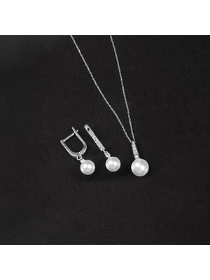 Else Silver 925 Ayar Gümüş Zirkon Taşlı Küre Inci Set - Rodyum Kaplama