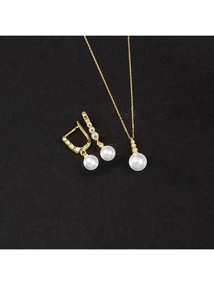 Else Silver 925 Ayar Gümüş Süzme Küre Inci Set - Altın Kaplama