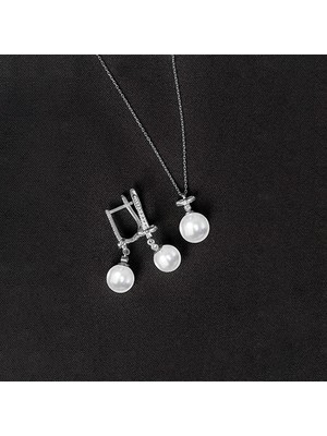 Else Silver 925 Ayar Gümüş Fiyonk Küre Inci Set - Rodyum Kaplama