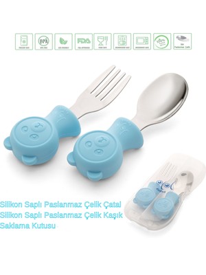 Jojobebek Ayıcık Figürlü Mavi Renkli, Silikon Saplı Paslanmaz Çelik Uçlu Çatal-Kaşık Takımı ve Saklama Kutusu
